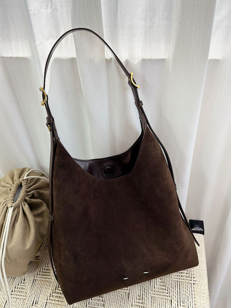 Women's Suede Bucket Shoulder Bag – Genuine Leather Drop-Ear Handbag with Patchwork Detail