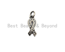 Load image into Gallery viewer, Rhidium CZ Micro Pave Breast Cancer Awareness Ribbon Charm, AIDS Care Cubic Zirconia Pendant Charm, Antique Silver Color, 6x16mm,sku#X117