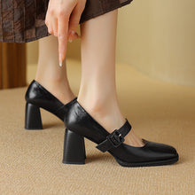 Load image into Gallery viewer, Women's Sheepskin Mary Jane Heels – Chunky Heel Buckle Strap Square Toe Shoes