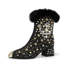 Load image into Gallery viewer, Women's Winter Fleece-Lined Chunky Heel Ankle Boots - Warm Rhinestone Split-Toe Booties