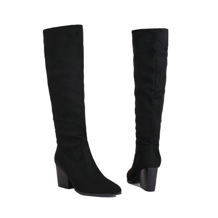 Women's Suede High-Top Boots – Chunky Heel, Pointed Toe, Side Zipper | Sarah Express