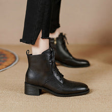 Load image into Gallery viewer, Women's Retro Leather Ankle Boots – Chunky Heel, Side Zipper &amp; Lace-Up | Cowhide Upper