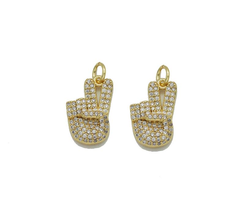 CZ Gold Love Hand Pece Hand Victory Sign Charm, Sku#LX143