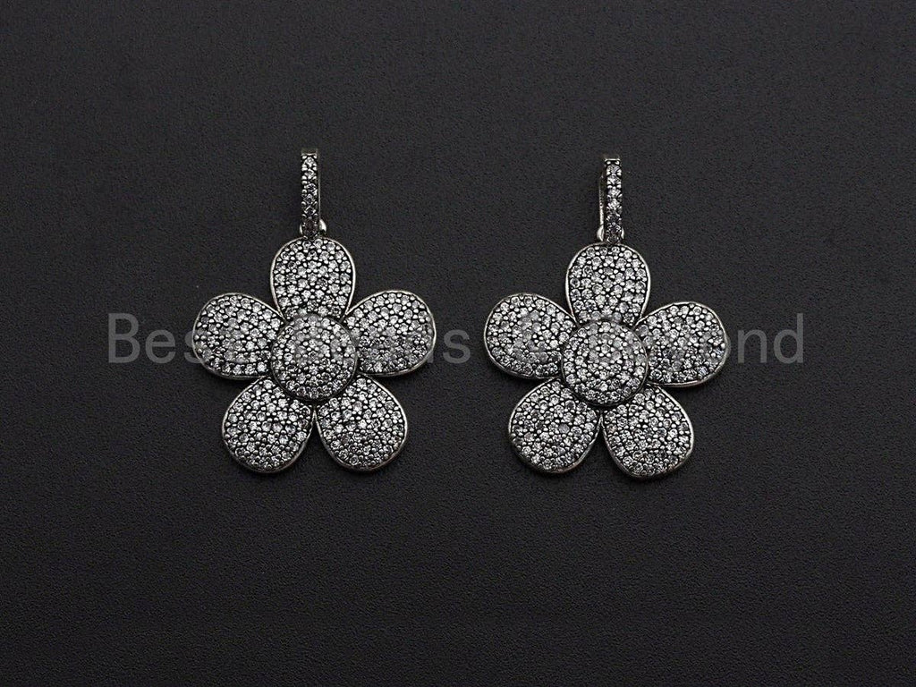 Antique Silver CZ Micro Pave Flower Pendant, Antique Silver Tone, Cubic Zirconia Pave Daisy Flower Charm Pendant, 24x26mm,sku#F1031