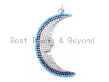 Load image into Gallery viewer, CZ Turquoise Black Clear Micro Pave Crescent Moon Face Pendant, 14x59mm, sku#L26