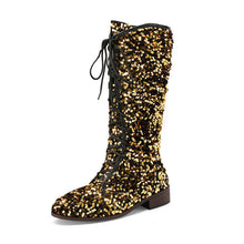Load image into Gallery viewer, Women's Glitter Sequin Over-the-Knee Boots | Chunky Mid Heel, Lace-Up, Round Toe
