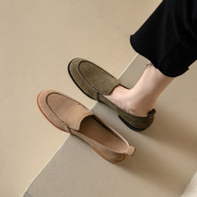 Load image into Gallery viewer, Women's Slip-On Suede Flats | Chunky Low Heel Round Toe Shoes | Army Green &amp; Apricot