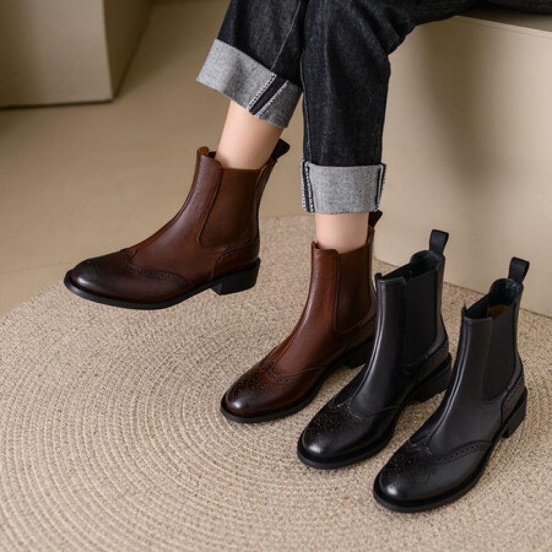 Women's Full-Grain Leather Ankle Boots | Chunky Heel British-Style Mid-Calf Boot