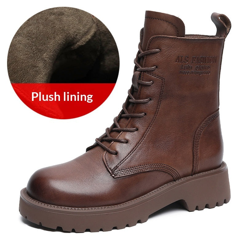 Women's Genuine Leather Chunky Heel Ankle Boots | Fleece-Lined Side Zipper | British Style