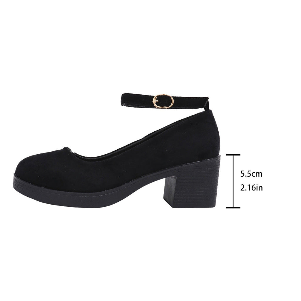 Women's Chunky Heel Suede Mary Jane Shoes - Round Toe Buckle Strap Block Heel Comfort Pumps
