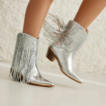 Load image into Gallery viewer, Women's Sequin Tassel Ankle Boots – Pointed Toe Chunky Heel Slip-On Party Boots