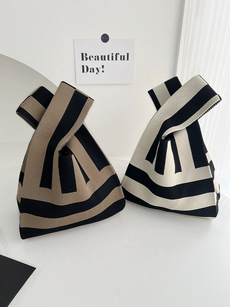 Women's Knit Tote Bag - Urban Minimalist Striped Handbag with Multiple Pockets