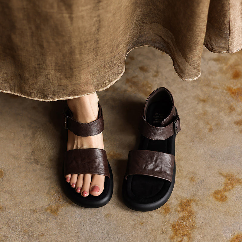 Women's Washed Leather Platform Sandals | Two-Strap Buckle Open-Toe Flats