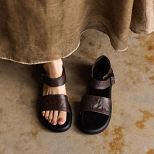 Load image into Gallery viewer, Women's Washed Leather Platform Sandals | Two-Strap Buckle Open-Toe Flats