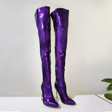Load image into Gallery viewer, Women's Over-the-Knee Chunky Metal Heel Boots – Plus Size, Pointed Toe, Side Zipper, PU Leather