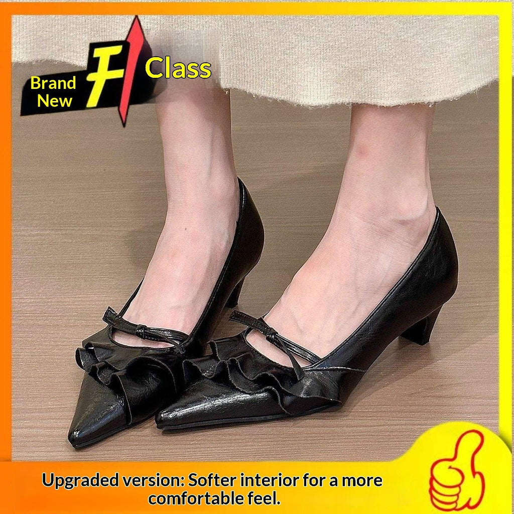 Women's French-Style Stiletto Heels with Ruffled Hem & Bow Tie - Open Toe Low Heel Loafers