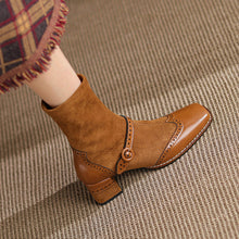 Load image into Gallery viewer, Women's Square Toe Chunky Heel Boots – Vintage Style Side Zipper | Black &amp; Khaki