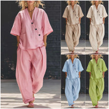 Load image into Gallery viewer, V-Neck Short Sleeve Top &amp; High-Waist Trousers Two-Piece Set