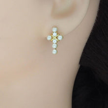 Load image into Gallery viewer, Gold Silver CZ White Pearl Cross Stud Earrings, Sku#A132