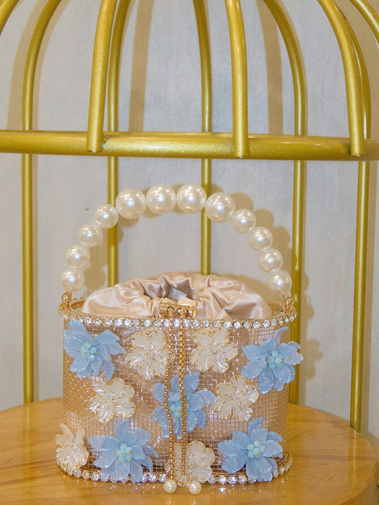 Retro Sunflower Birdcage Handmade Bucket Bag - Diamond Embellished PVC Shoulder Bag