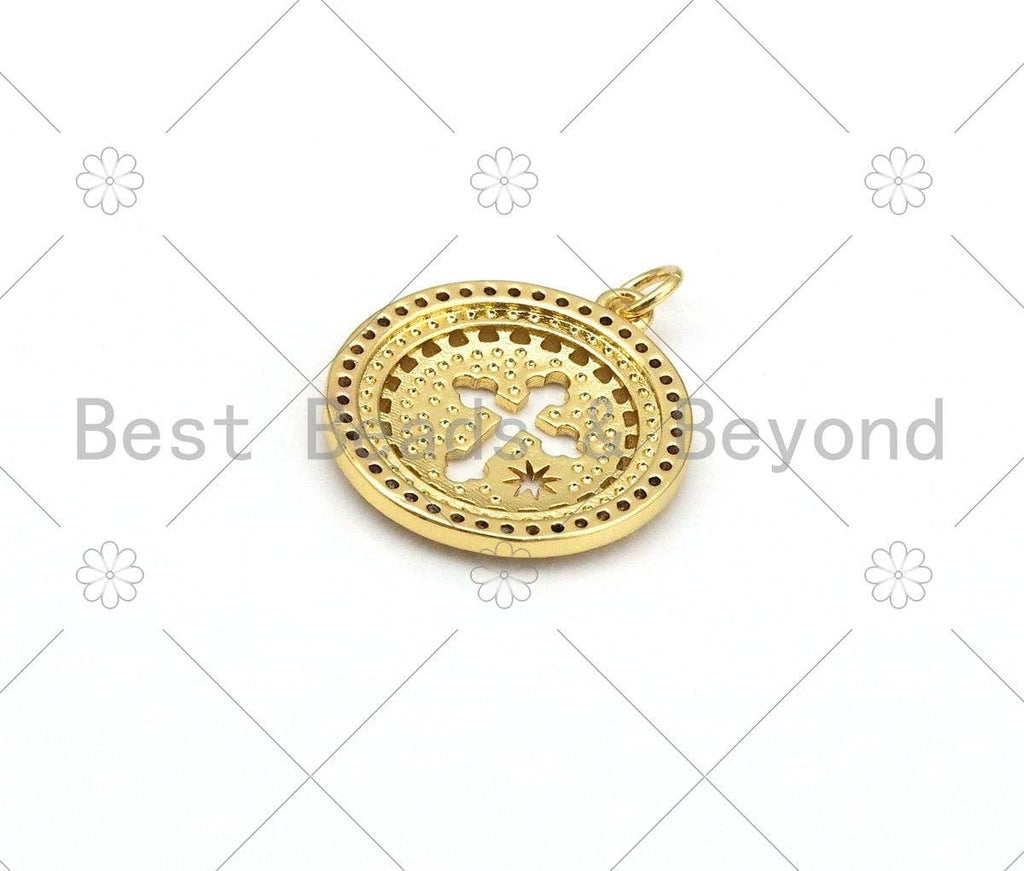 CZ Micro Pave Hollow Out Cross On Round Shape Pendant,18K Gold Filled Medallion Charm, Necklace Bracelet Charm Pendant, 23x20mm,Sku#LK416
