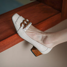Load image into Gallery viewer, Fringed Chunky Heel Peep-Toe Leather Shoes with Chain Detail - Women's Mid Heel Slip-On Dress Shoes