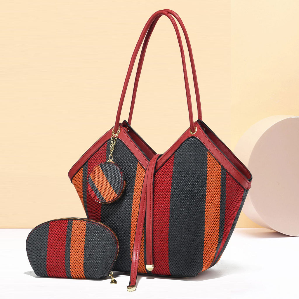 Women's PU Leather Tote Bag - High Capacity Shoulder Handbag with Color Block Design