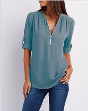 Load image into Gallery viewer, Women's Short-Sleeve Zip V-Neck Loose Top