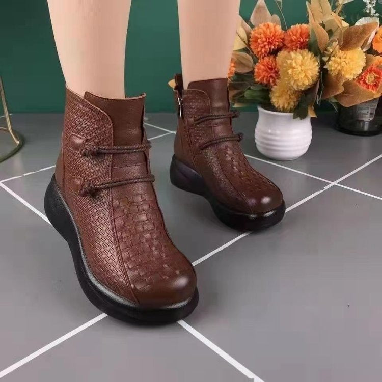 Women's Fleece-Lined Mid-Calf Wedge Boots - Round Toe Side Zipper Winter Boots