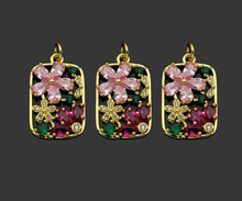 Load image into Gallery viewer, Colorful CZ Gold Flower On Rectangle Charm, Sku#LK336