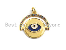 Load image into Gallery viewer, Colorful CZ Micro Pave Round With Cobalt Evil Eye Charm Pendant, Round Coin Shaped Pave Pendant, Gold plated, 22x22mm, Sku#F901
