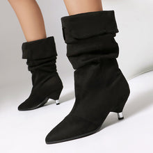 Load image into Gallery viewer, Women's Leopard Print Stiletto Heel Ankle Boots – Pointed Toe, Suede Upper, Turned-Over Cuffs