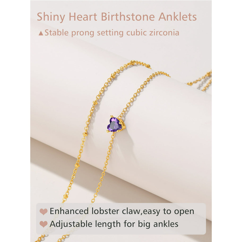 FindChic Anklets for Women Waterproof, Bling Heart Tourmaline Birthstone Ankle Bracelets Gold Plated Stainless Steel Layered Beaded Foot Chain Summer Jewelry for Birthday Mothers Day with Gift Box