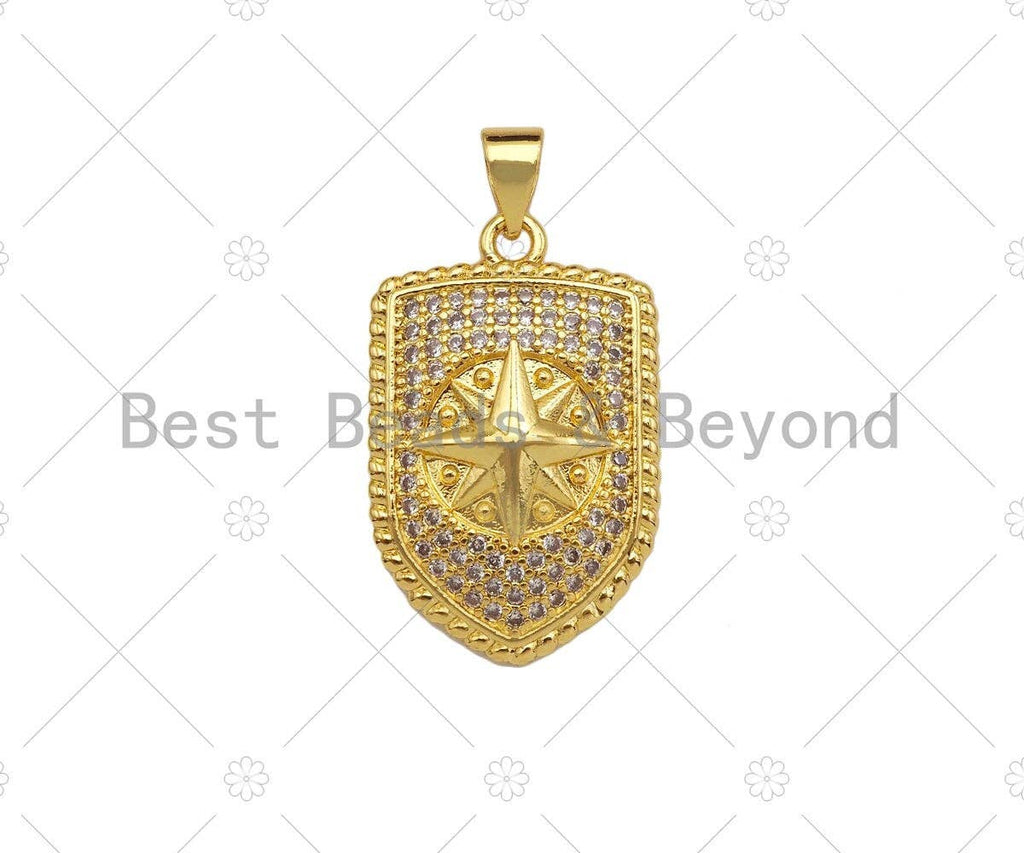 CZ Micro Pave North Star On Shield Pendant/Charm,Cubic Zirconia Star Charm, Necklace Bracelet Charm Pendant,16x25mm, Sku#LK190