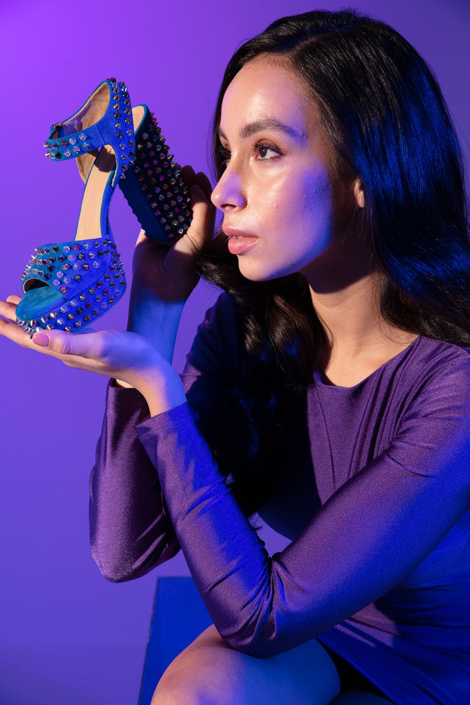 The Tampico Blue Suede Leather Spike Platform Heel Women Sandal