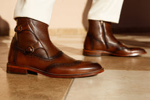 Load image into Gallery viewer, The Rand Brown Leather Double Buckle Brogue Men Boot with a Zipper