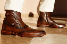 Load image into Gallery viewer, The Rand Brown Leather Double Buckle Brogue Men Boot with a Zipper