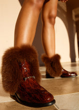 Load image into Gallery viewer, The Izmir Brown Patent Leather Natural Fur Mid Calf Women Boot