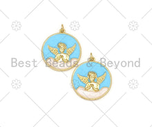Load image into Gallery viewer, Gold Angle On Sky Blue Enamel Round Coin Shape Pendant, 18K Gold Filled Angel Charm,Necklace Bracelet Charm Pendant, 24x27mm,Sku#L625
