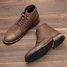 Load image into Gallery viewer, Men's Vintage Casual Leather Boots – Mid-Calf Wedge Heel, Rubber Sole, Stitched Paneling