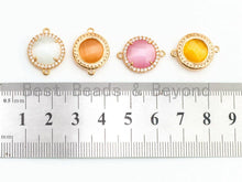 Load image into Gallery viewer, Round Bezel Connector with Cat's Eye Stone, Gold Plated CZ Micro Pave Frame Connector, Cat's Eye /Topaz /White/Rose pink 14x19mm, sku#A77