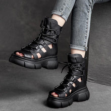 Load image into Gallery viewer, Women's Roman Gladiator Sandal Boots | Open Toe Buckle Hollowed-Out Design | Black Brown