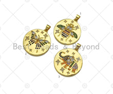 Load image into Gallery viewer, Colorful CZ Micro Pave Bee/Elephant/Butterfly On Round Coin Pendant,18K Dainty Gold Medallion Charm,Necklace Bracelet Charm,24x27mm,Sku#JL31