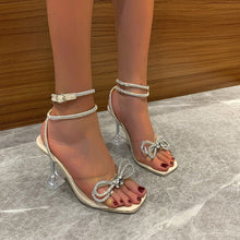 Load image into Gallery viewer, Rhinestone Bow Crystal Clear Wine Glass Heel Sandals - Women's Square Toe High Heel Buckle Sandals