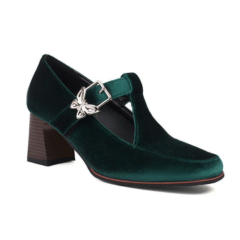 Women's Suede Chunky Heel Pumps – Square Toe Buckle Block Heels | Black, Wine Red, Green