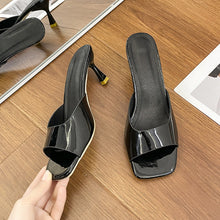 Load image into Gallery viewer, Women's Square Toe Low Heel Slippers – Open Toe Patent Leather Slide Sandals