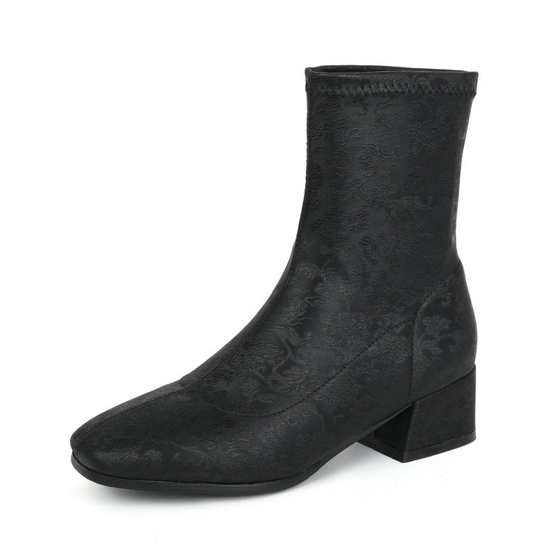 Women's Floral Embroidered Chunky Heel Booties | Retro Square Toe Slip-On Ankle Boots