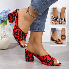 Load image into Gallery viewer, Women's Leopard Print Square Toe Chunky Heel Sandals - Slip-On Block Heel Summer Sandals