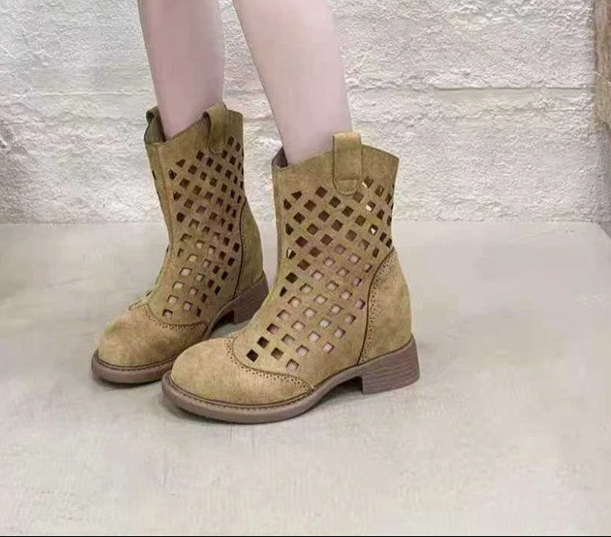 Hollowed-Out Mesh Mid-Calf Boots