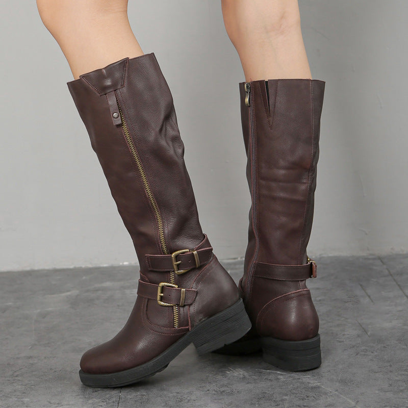 Women's Plus-Size Chunky Sole Boots | Side Zipper Cowhide Leather High Shaft